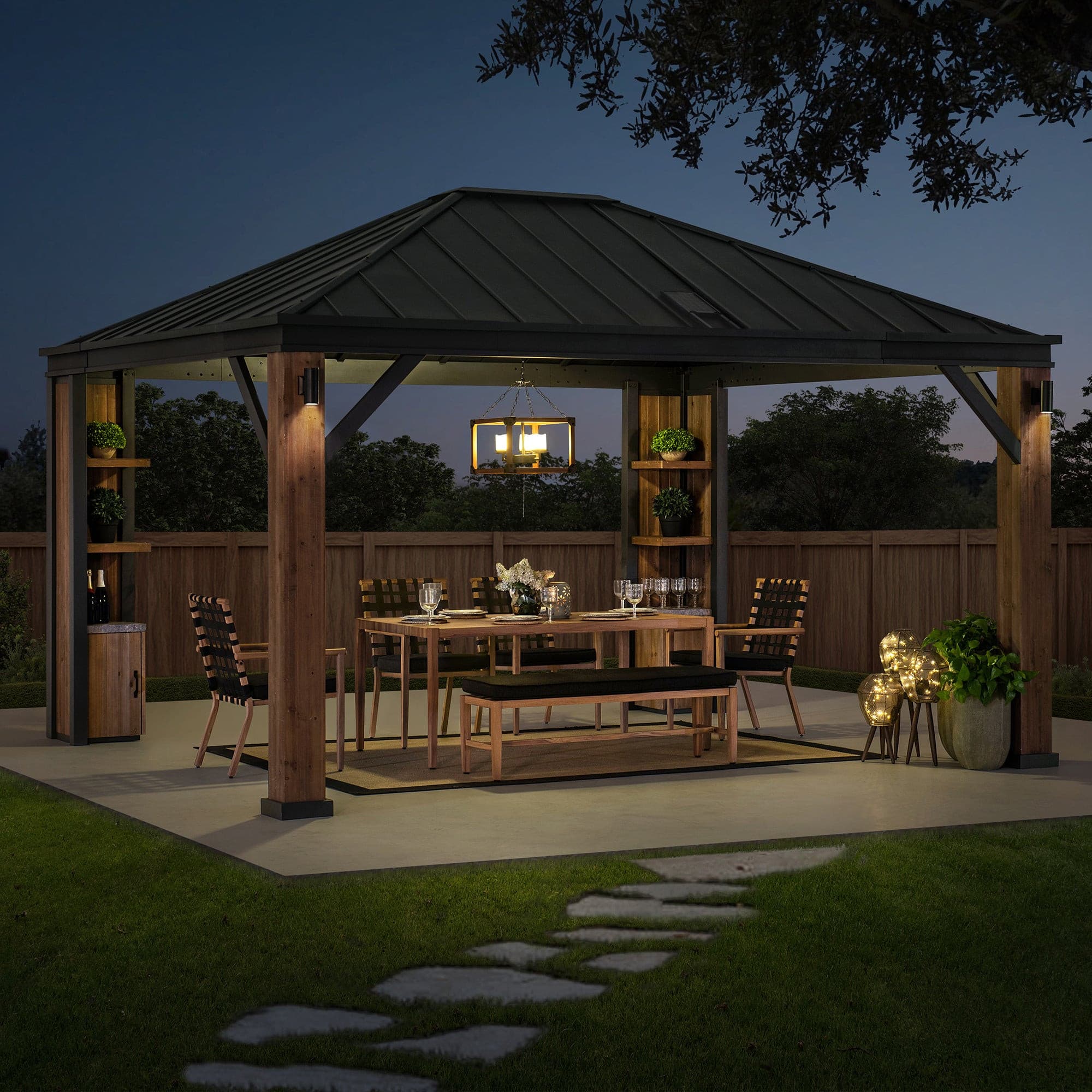 SUNJOY Outdoor Patio 12' x 14' Solar Powered Backyard Hardtop Wooden Gazebo with LED Light and Bluetooth Sound