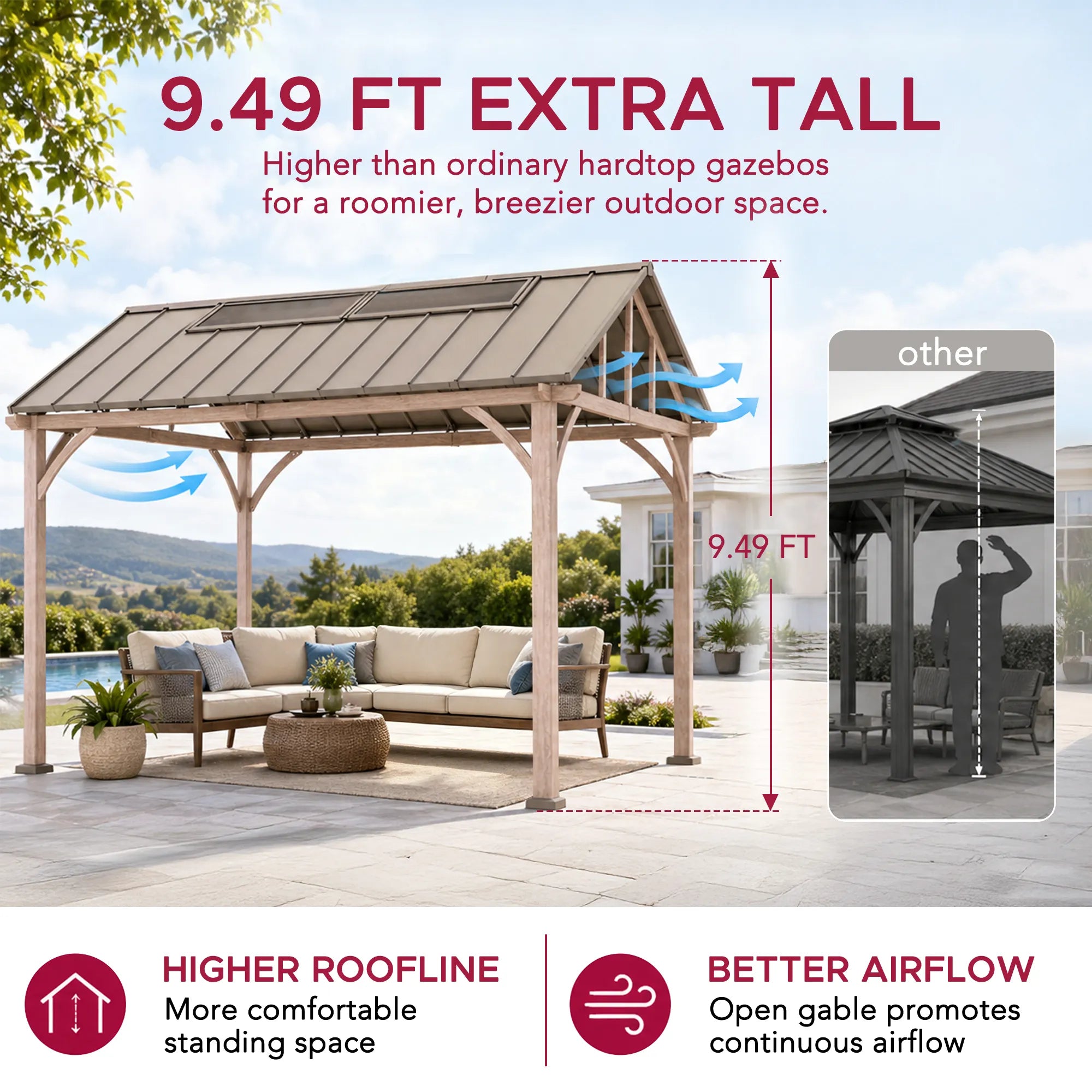 SUNJOY 11x13 Wood Finish Hardtop Gazebo with Galvanized Steel Roof and PC Boards