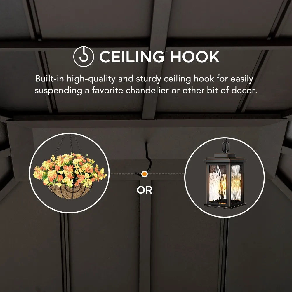 SUNJOY 13x15 Hardtop Gazebo Outdoor Black Steel Roof Gazebo Backyard Aluminum Framed Gazebo with Planters and Ceiling Hook