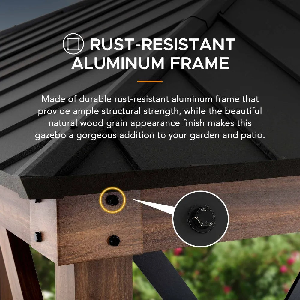 SUNJOY 13x15 Hardtop Gazebo Outdoor Black Steel Roof Gazebo Backyard Aluminum Framed Gazebo with Planters and Ceiling Hook