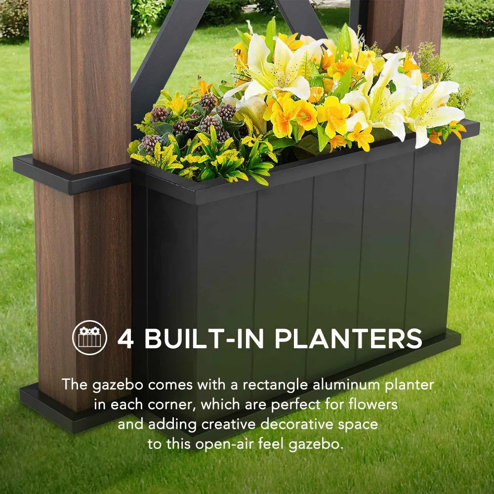 SUNJOY 13x15 Hardtop Gazebo Outdoor Black Steel Roof Gazebo Backyard Aluminum Framed Gazebo with Planters and Ceiling Hook