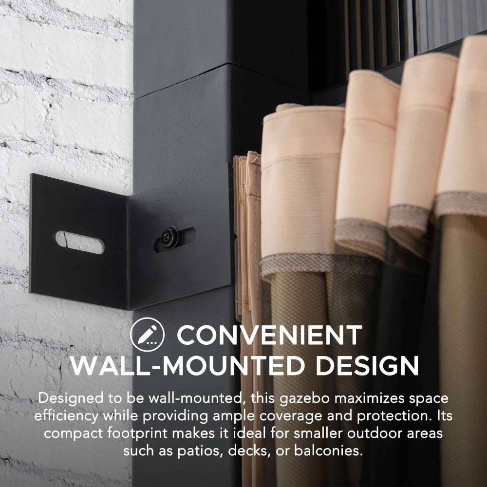 SUNJOY Merriam Wall Mounted Gazebo, Black Aluminum & Metal Frame Lean to Gazebo with Curtains and Netting