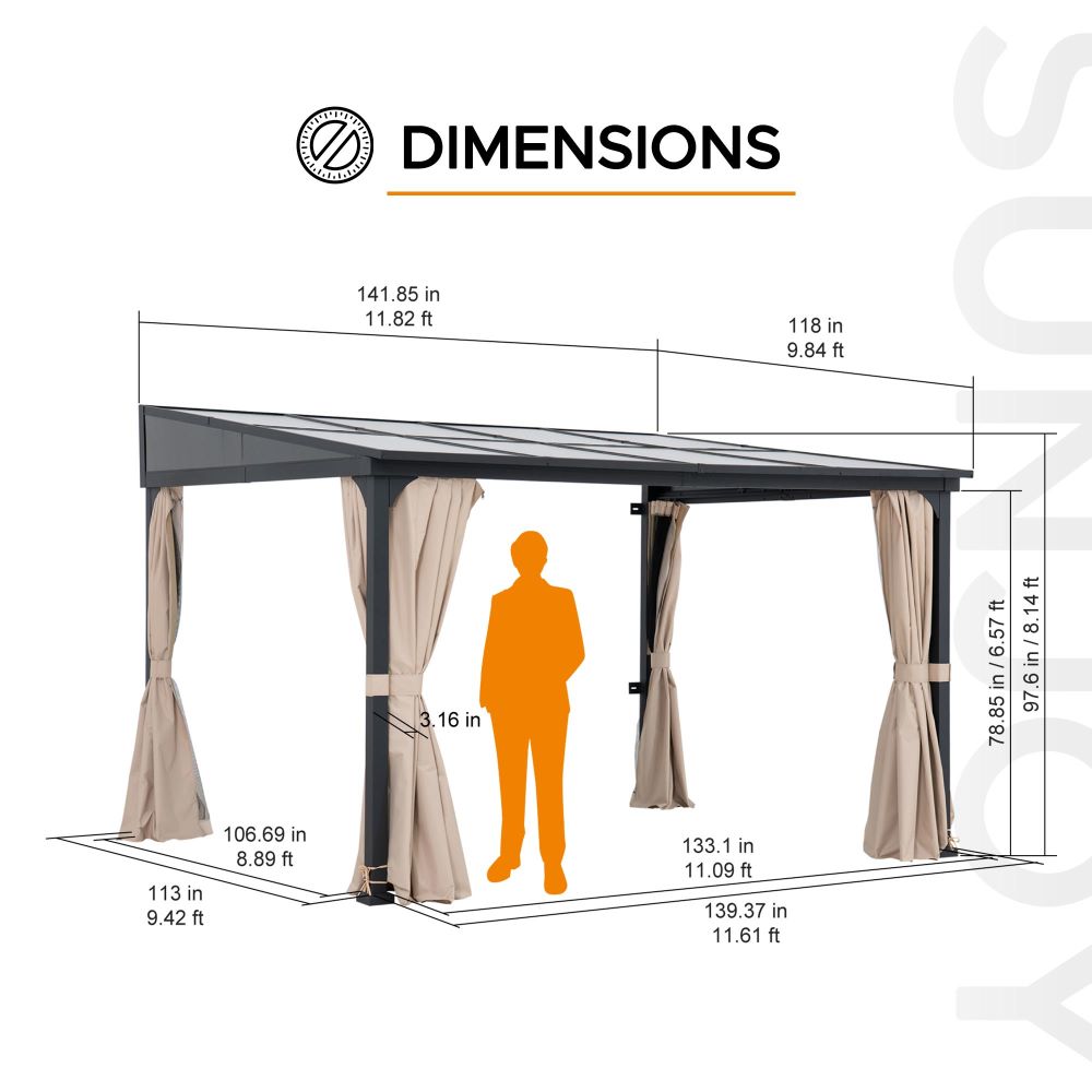 SUNJOY 10x12 Polycarbonate Roof Lean to Gazebo, Wall Mounted Gazebo with Curtains and Netting