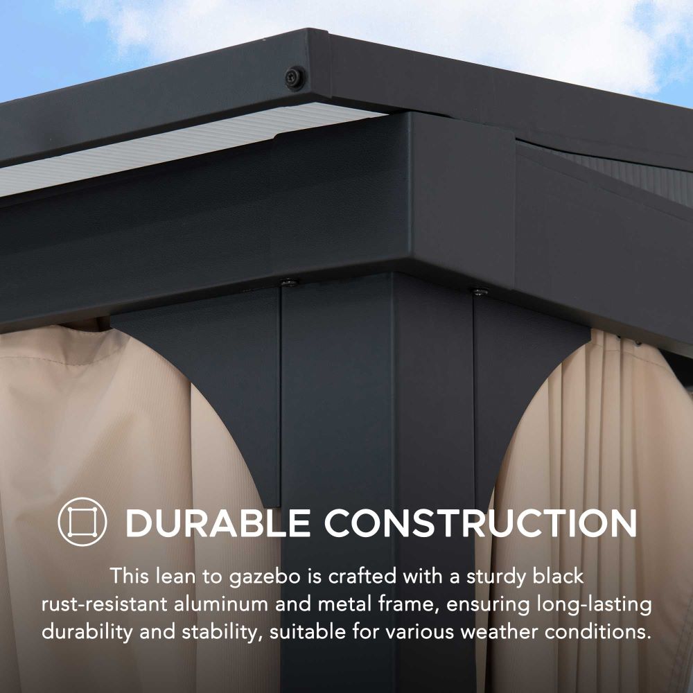 SUNJOY Merriam Wall Mounted Gazebo, Black Aluminum & Metal Frame Lean to Gazebo with Curtains and Netting
