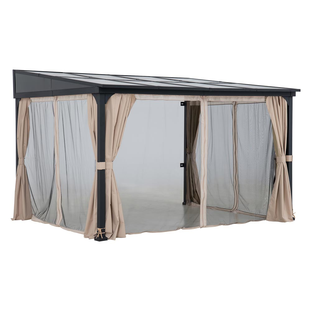 SUNJOY Merriam Wall Mounted Gazebo, Black Aluminum & Metal Frame Lean to Gazebo with Curtains and Netting