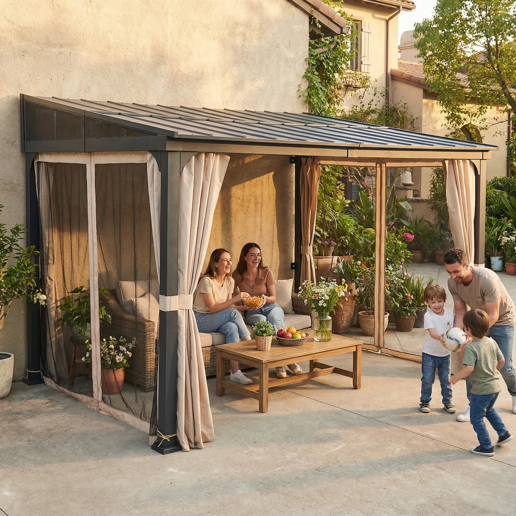 SUNJOY 10x12 Metal Roof Lean to Gazebo, Wall Mounted Gazebo with Curtains and Netting