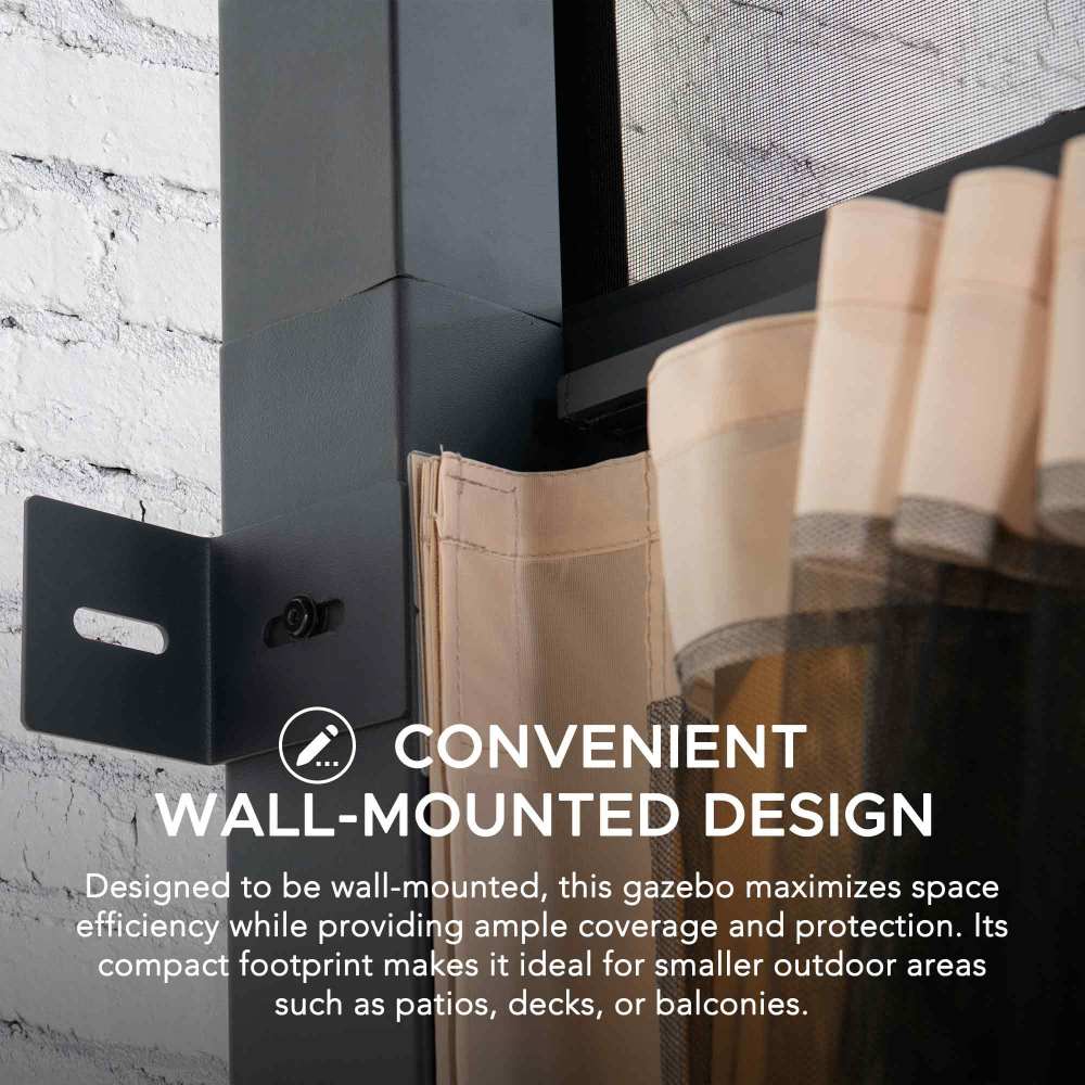 SUNJOY Merriam Wall Mounted Gazebo, Black Aluminum & Metal Frame Lean to Gazebo with Curtains and Netting