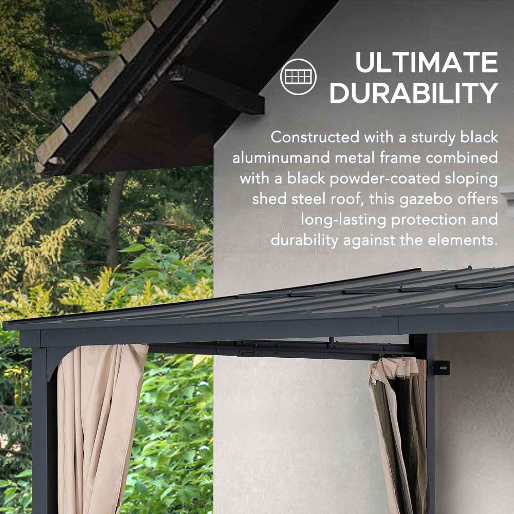SUNJOY Merriam Wall Mounted Gazebo, Black Aluminum & Metal Frame Lean to Gazebo with Curtains and Netting