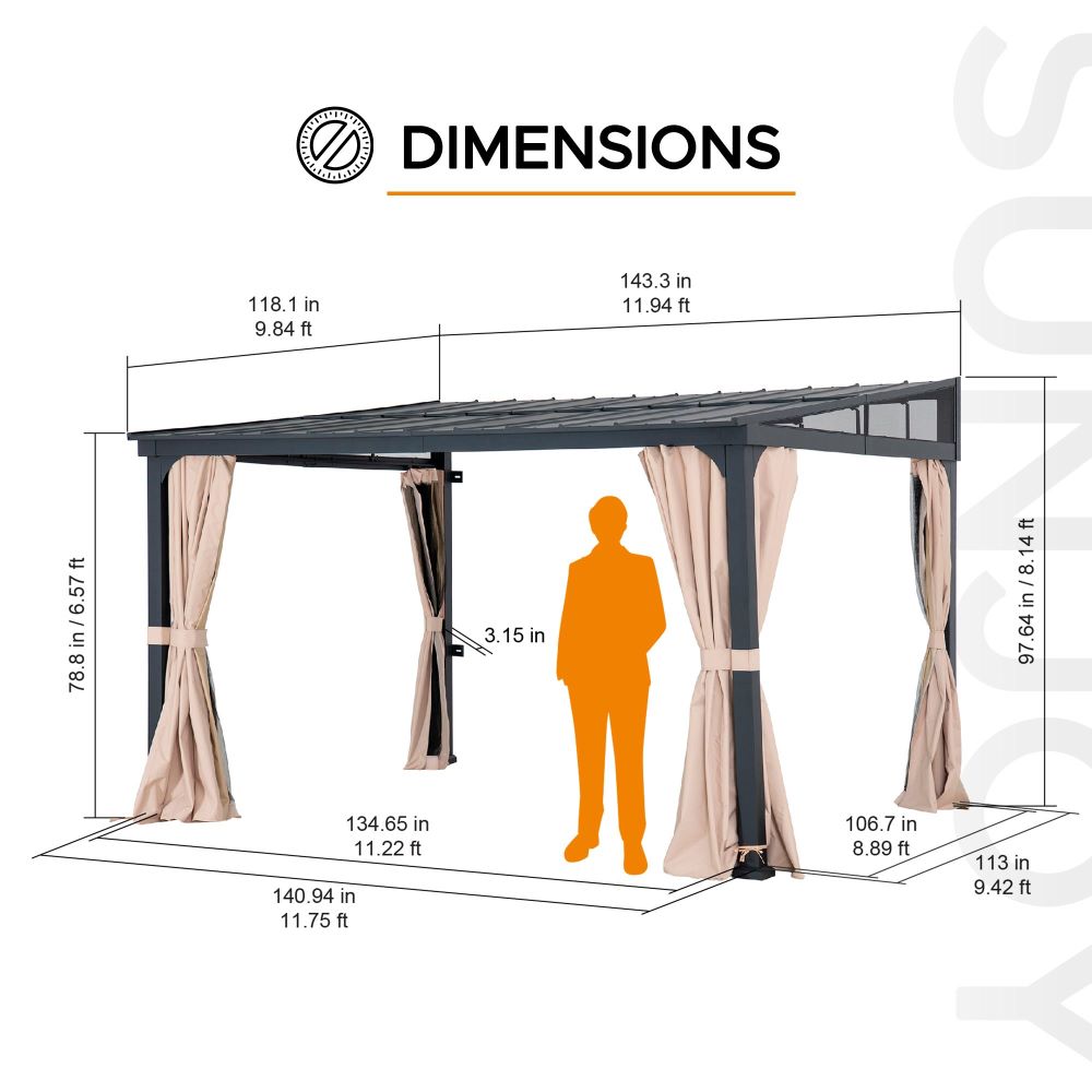 SUNJOY Merriam Wall Mounted Gazebo, Black Aluminum & Metal Frame Lean to Gazebo with Curtains and Netting