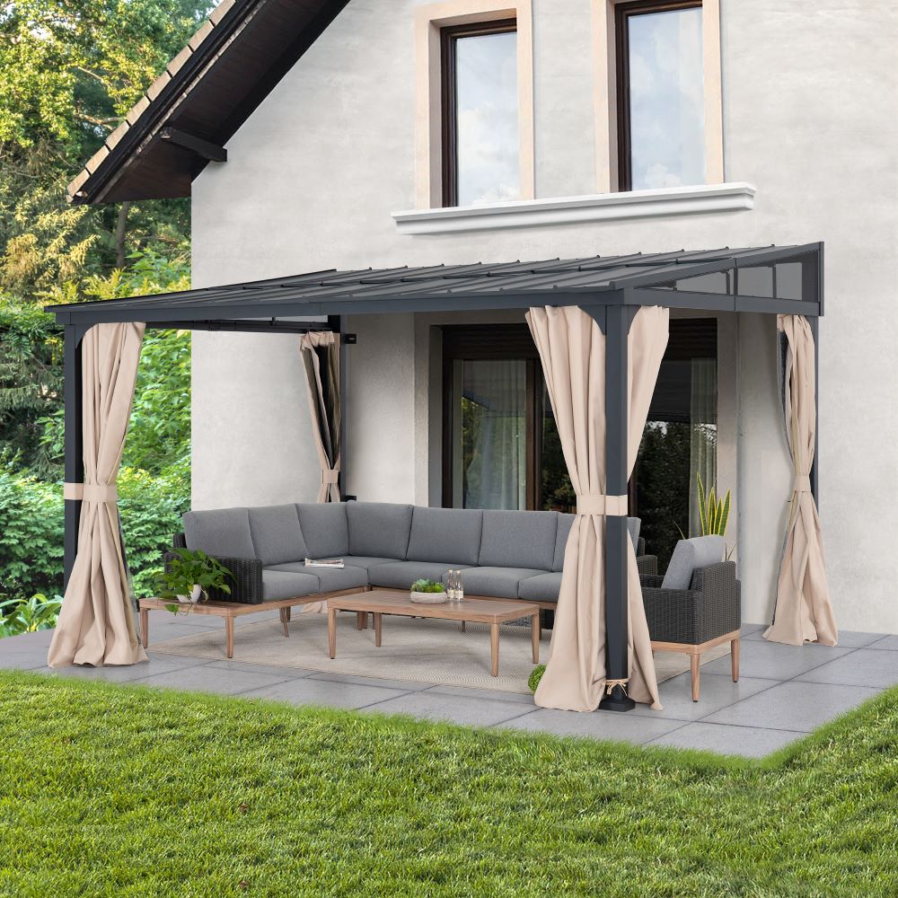 SUNJOY Merriam Wall Mounted Gazebo, Black Aluminum & Metal Frame Lean to Gazebo with Curtains and Netting