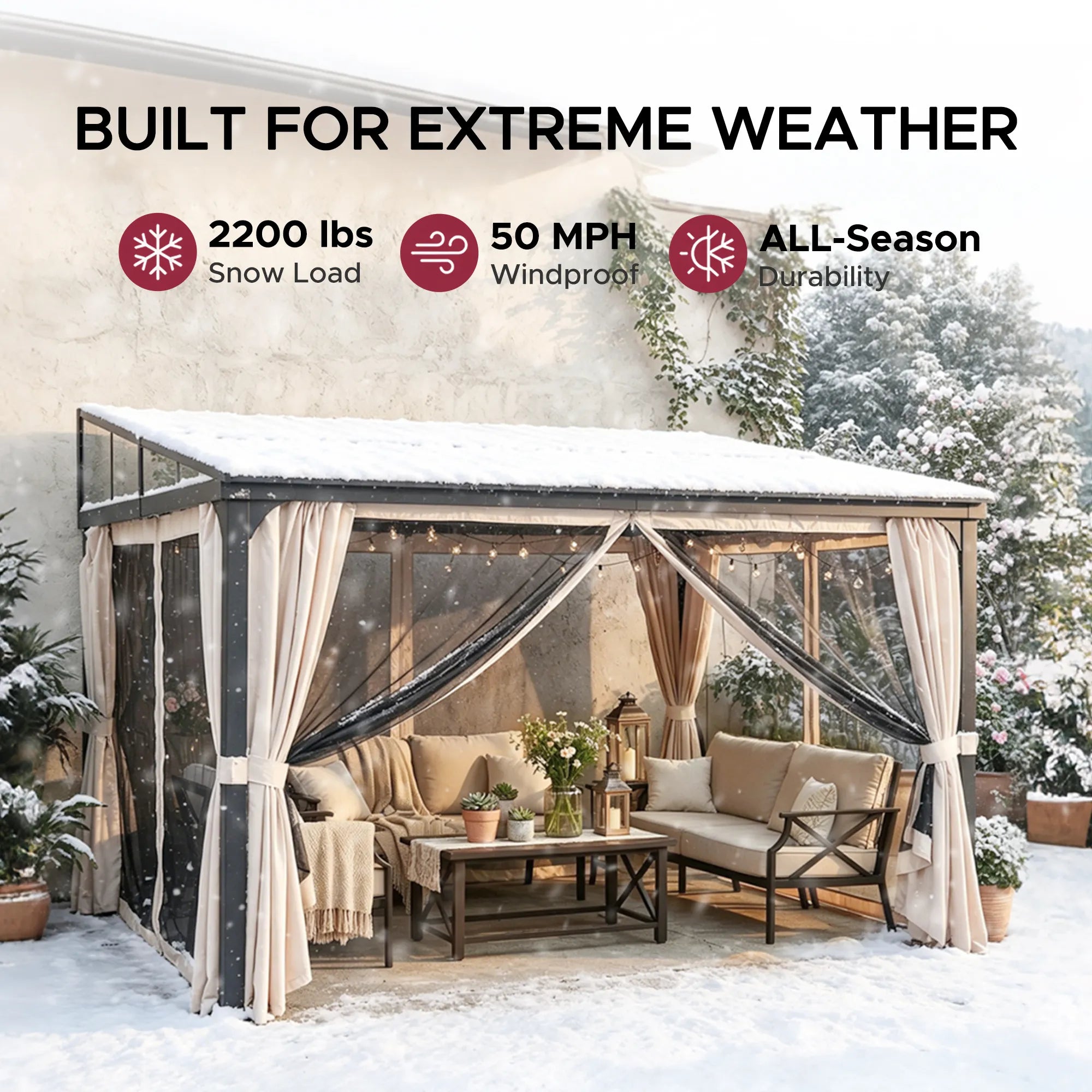 SUNJOY 12x14 Metal Roof Lean to Gazebo, Wall Mounted Gazebo with Curtains and Netting