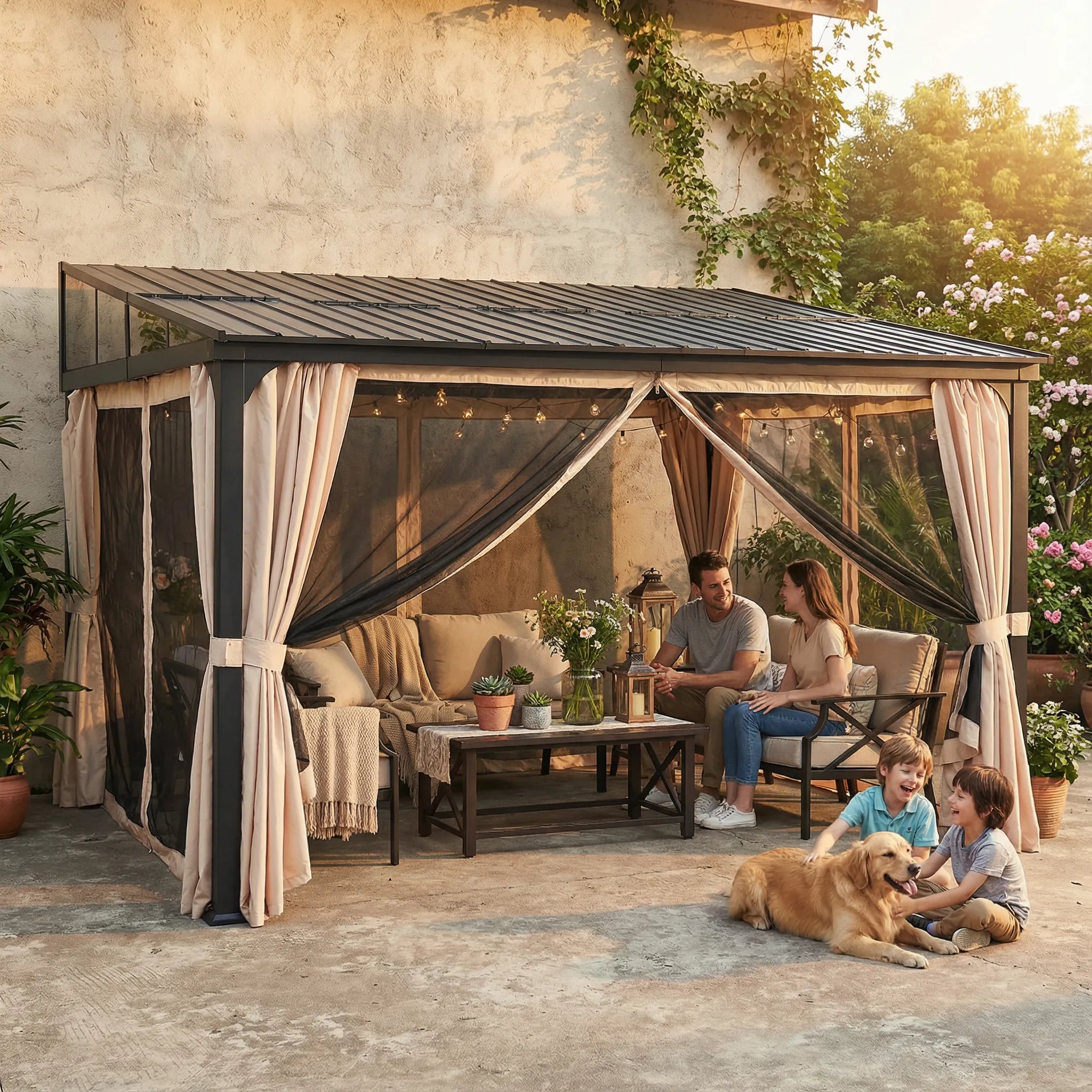 SUNJOY 12x14 Metal Roof Lean to Gazebo, Wall Mounted Gazebo with Curtains and Netting