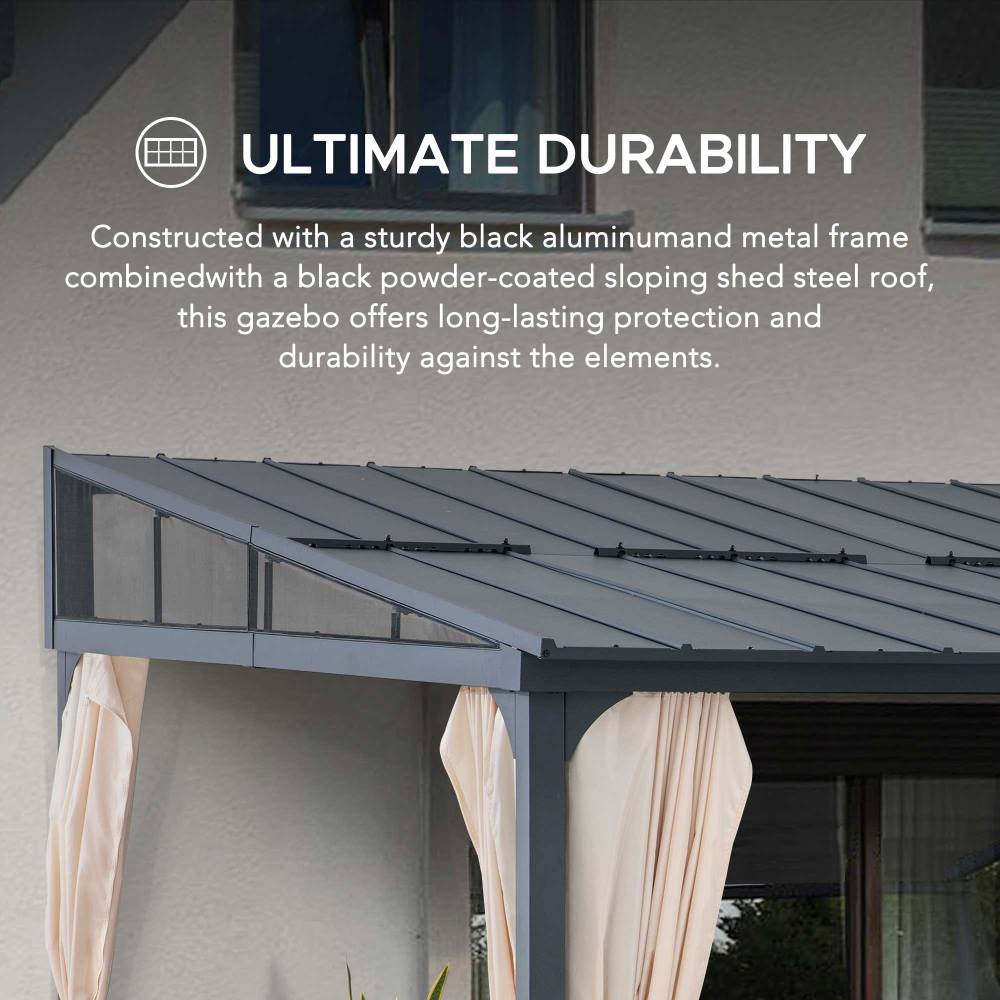 SUNJOY Merriam Wall Mounted Gazebo, Black Aluminum & Metal Frame Lean to Gazebo with Curtains and Netting