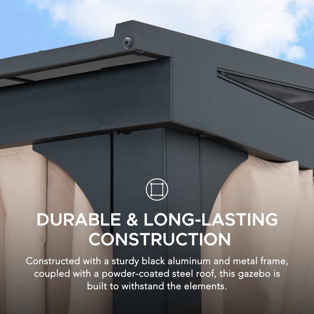 SUNJOY Merriam Wall Mounted Gazebo, Black Aluminum & Metal Frame Lean to Gazebo with Curtains and Netting