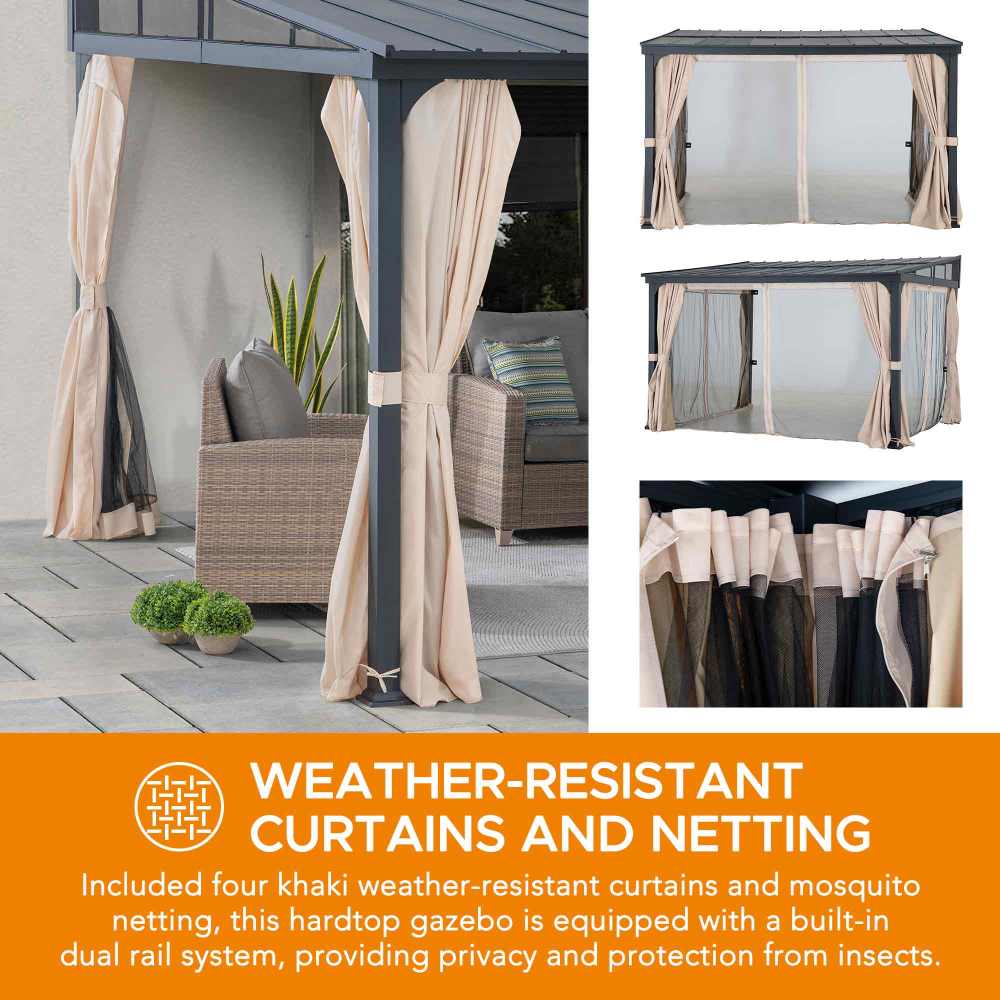 SUNJOY Merriam Wall Mounted Gazebo, Black Aluminum & Metal Frame Lean to Gazebo with Curtains and Netting