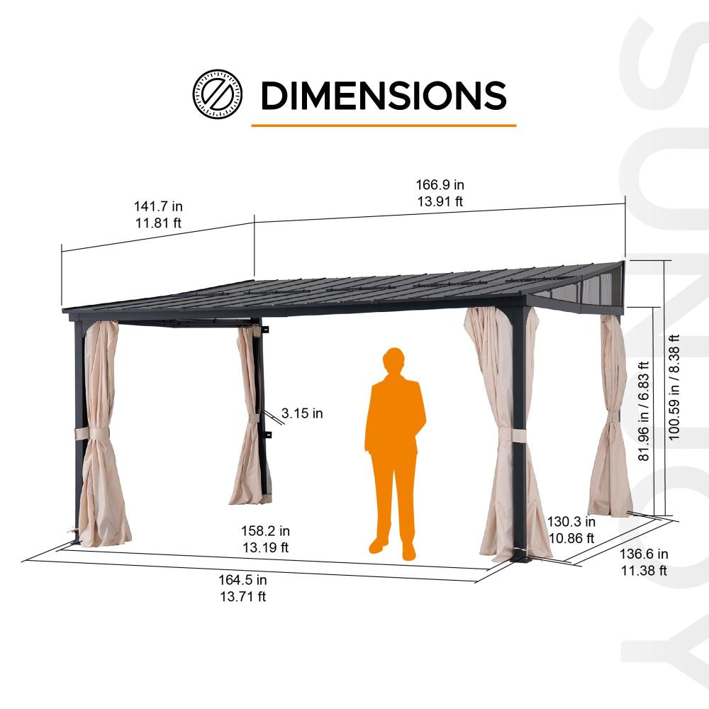 SUNJOY Merriam Wall Mounted Gazebo, Black Aluminum & Metal Frame Lean to Gazebo with Curtains and Netting