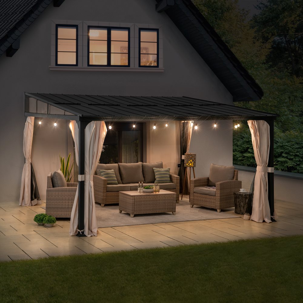 SUNJOY Merriam Wall Mounted Gazebo, Black Aluminum & Metal Frame Lean to Gazebo with Curtains and Netting