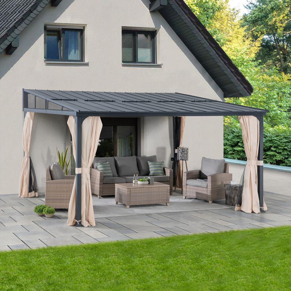 SUNJOY Merriam Wall Mounted Gazebo, Black Aluminum & Metal Frame Lean to Gazebo with Curtains and Netting