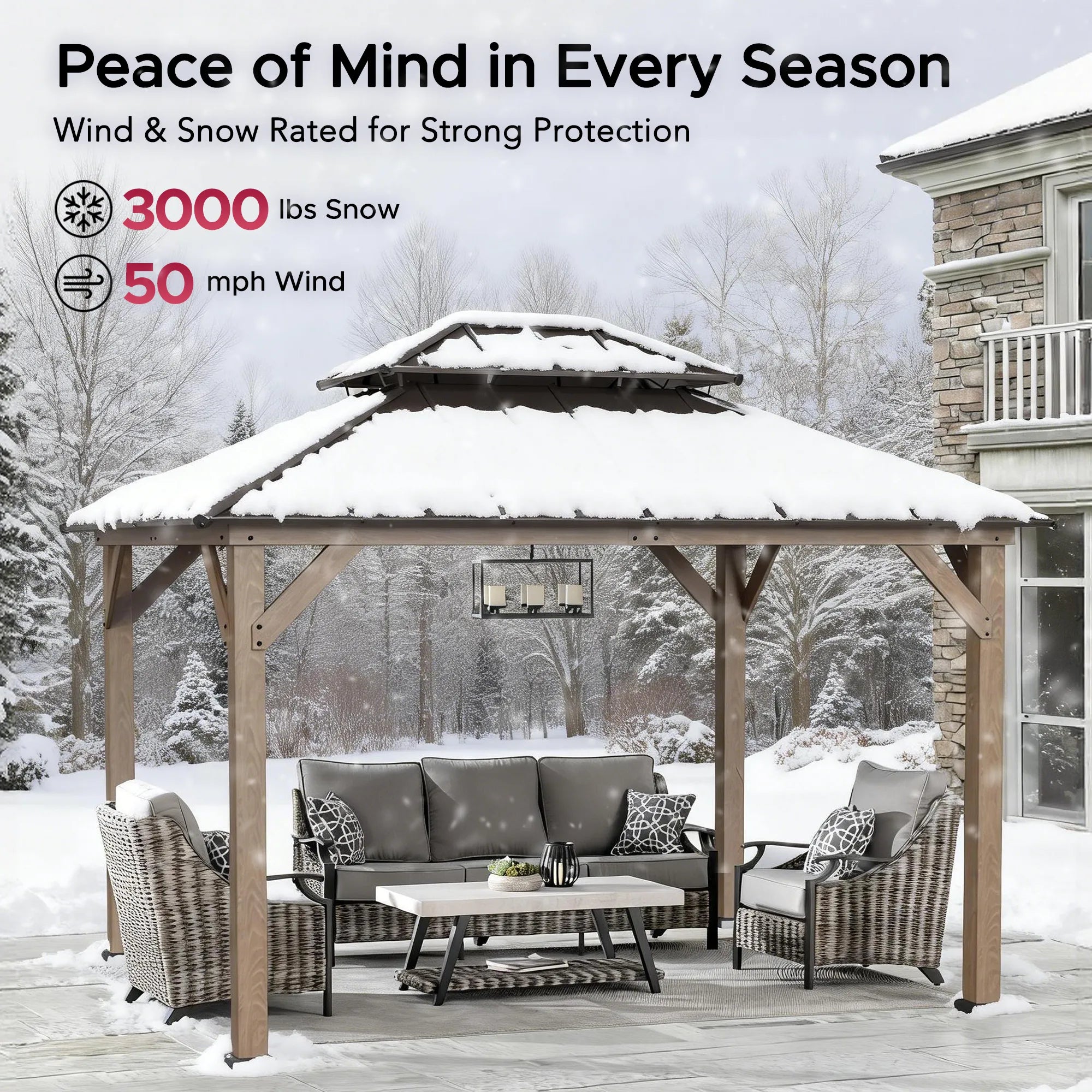 SUNJOY 10x12 Outdoor Cedar Framed Wooden Gazebo with 2-Tier Metal Roof and Ceiling Hook - Weathered Cedar