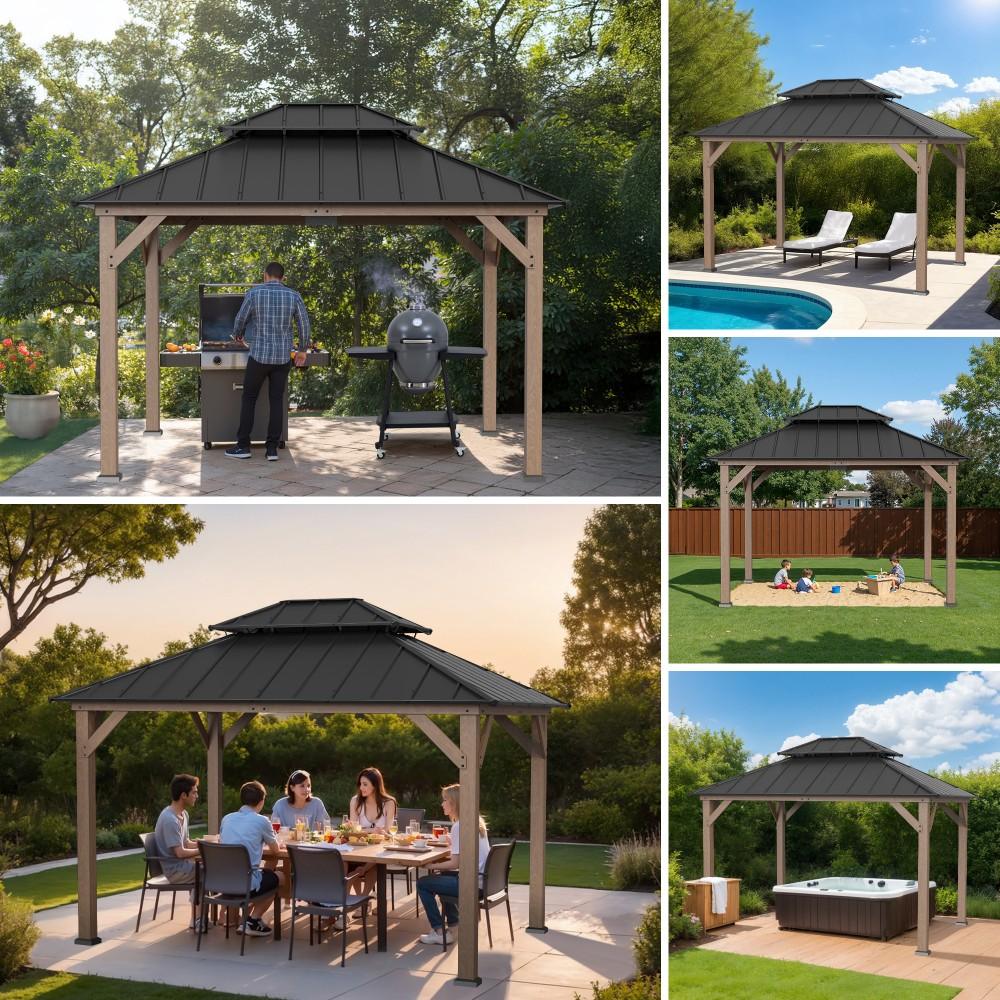 SUNJOY 10x12 Wood Gazebo, Outdoor Patio Steel Hardtop Gazebo, Cedar Framed Wooden Gazebo with 2-tier Metal Roof and Ceiling Hook