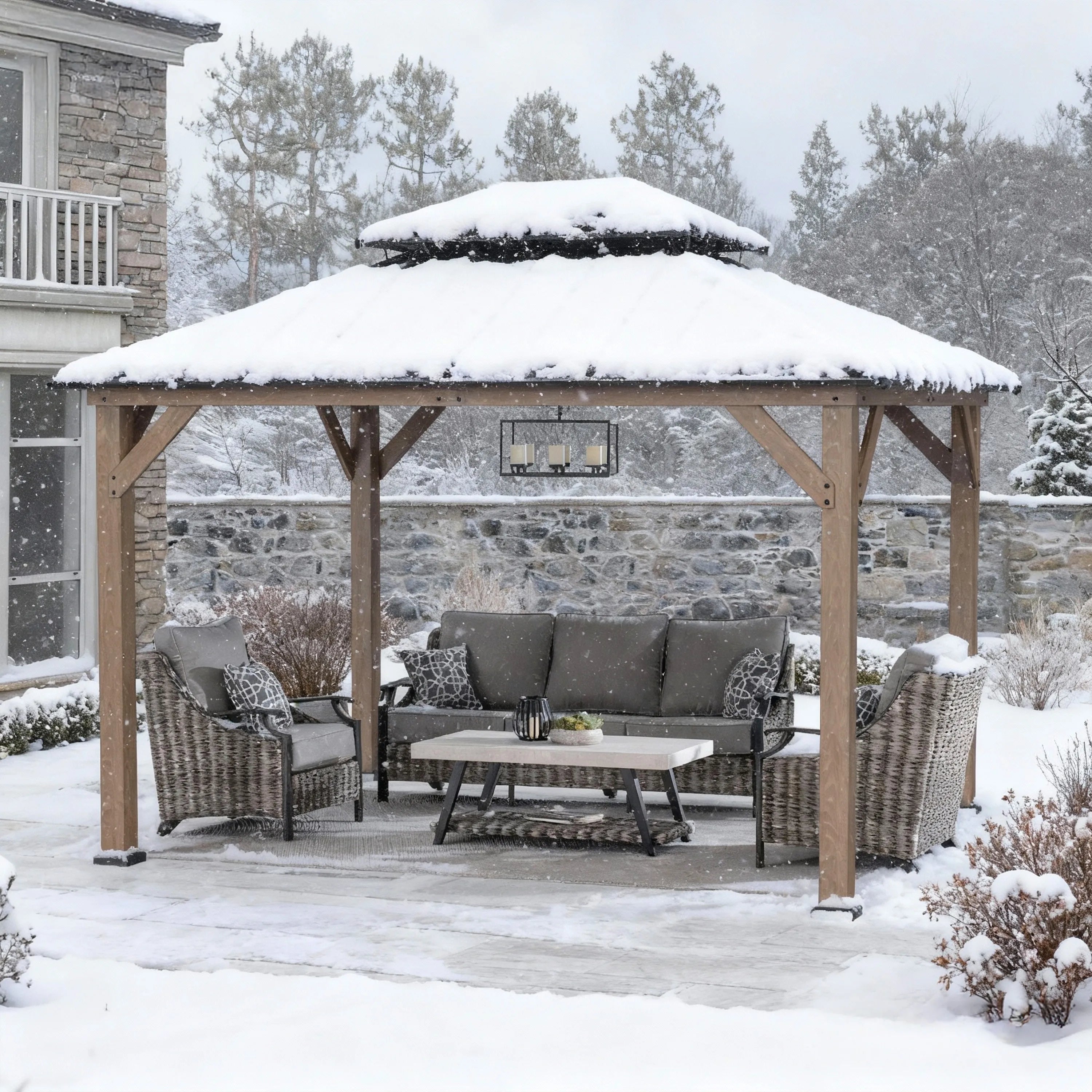 SUNJOY 10x12 Outdoor Cedar Framed Wooden Gazebo with 2-Tier Metal Roof and Ceiling Hook - Weathered Cedar