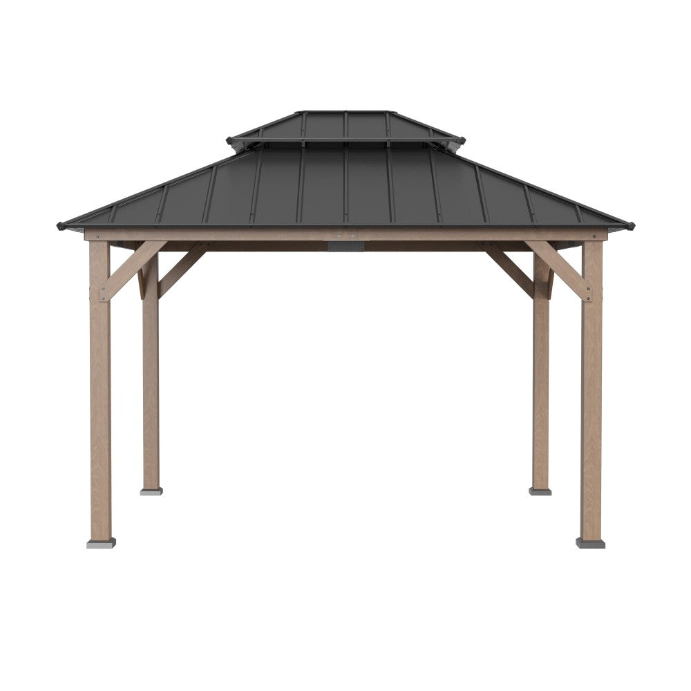 SUNJOY 10x12 ft. Wood Gazebo, Outdoor Patio Steel Hardtop Gazebo, Cedar Framed Wooden Gazebo with 2-tier Metal Roof and Ceiling Hook