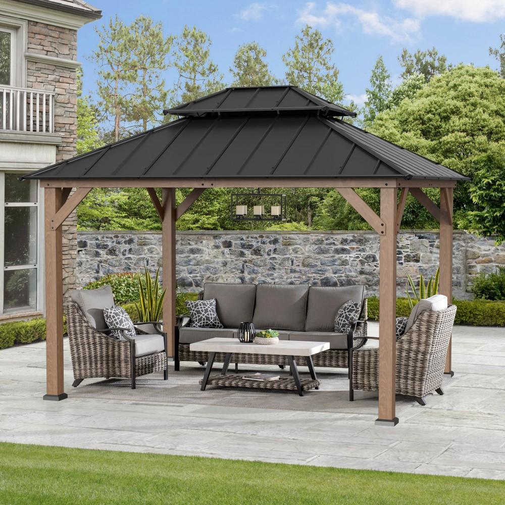 SUNJOY 10x12 ft. Wood Gazebo, Outdoor Patio Steel Hardtop Gazebo, Cedar Framed Wooden Gazebo with 2-tier Metal Roof and Ceiling Hook