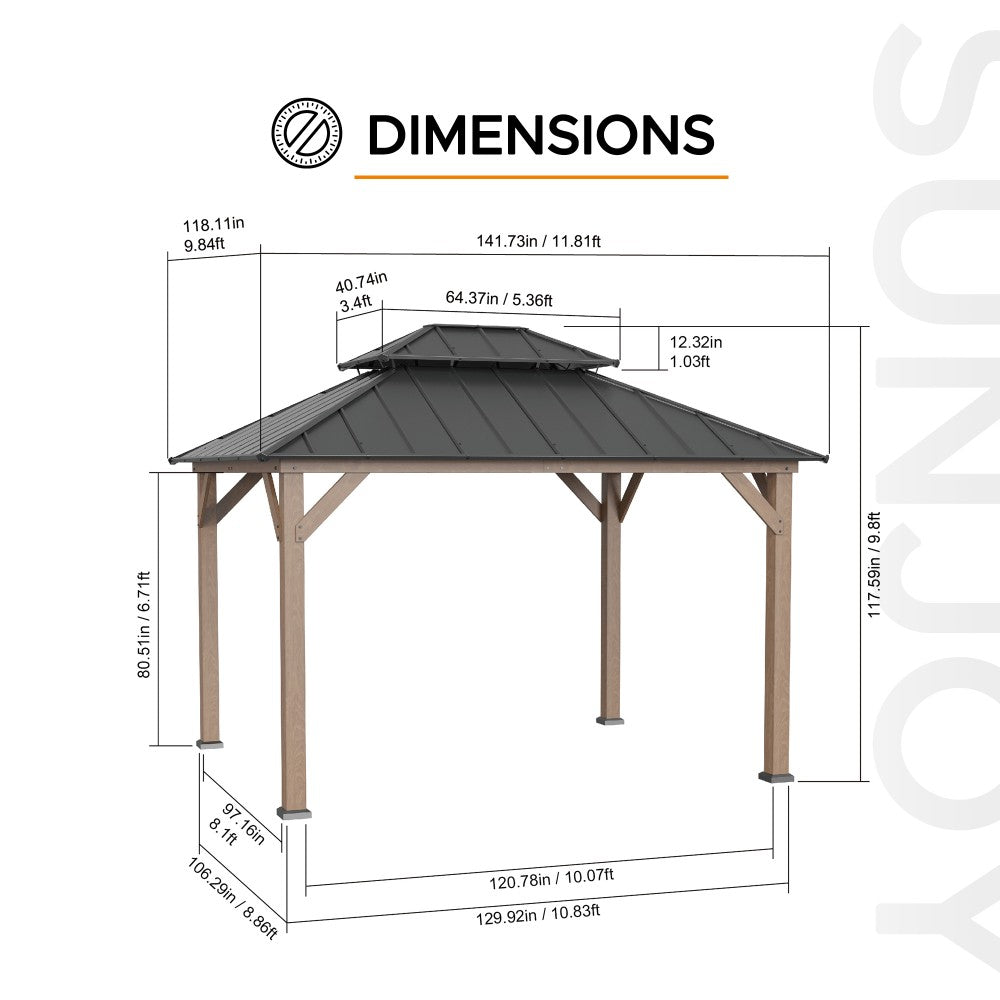 SUNJOY 10x12 ft. Wood Gazebo, Outdoor Patio Steel Hardtop Gazebo, Cedar Framed Wooden Gazebo with 2-tier Metal Roof and Ceiling Hook