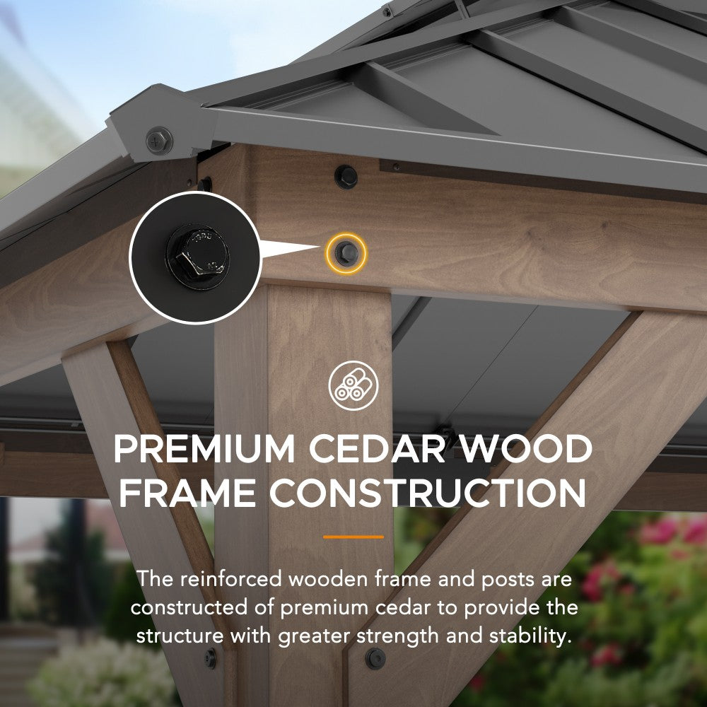 SUNJOY 10x12 ft. Wood Gazebo, Outdoor Patio Steel Hardtop Gazebo, Cedar Framed Wooden Gazebo with 2-tier Metal Roof and Ceiling Hook