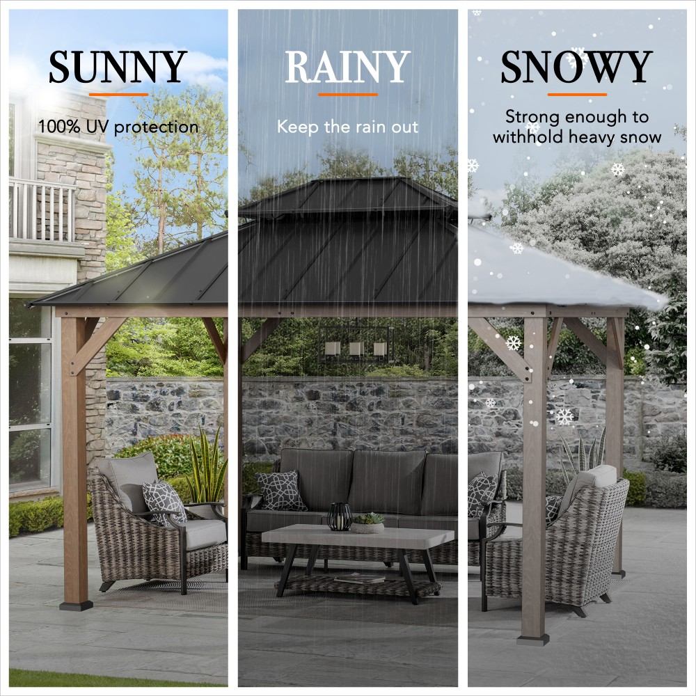 SUNJOY 10x12 ft. Wood Gazebo, Outdoor Patio Steel Hardtop Gazebo, Cedar Framed Wooden Gazebo with 2-tier Metal Roof and Ceiling Hook