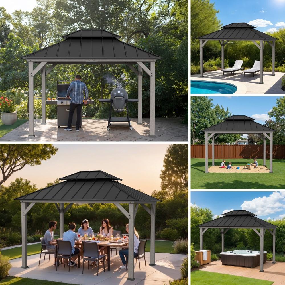 SUNJOY 10x12 Outdoor Cedar Framed Wooden Gazebo with 2-tier Metal Roof and Ceiling Hook - Driftwood Cedar