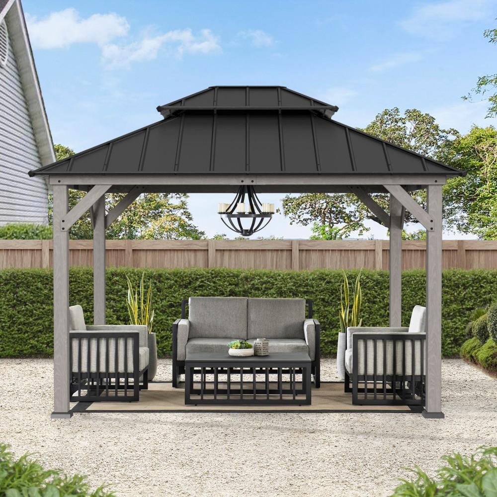 SUNJOY 10x12 Outdoor Cedar Framed Wooden Gazebo with 2-tier Metal Roof and Ceiling Hook - Driftwood Cedar