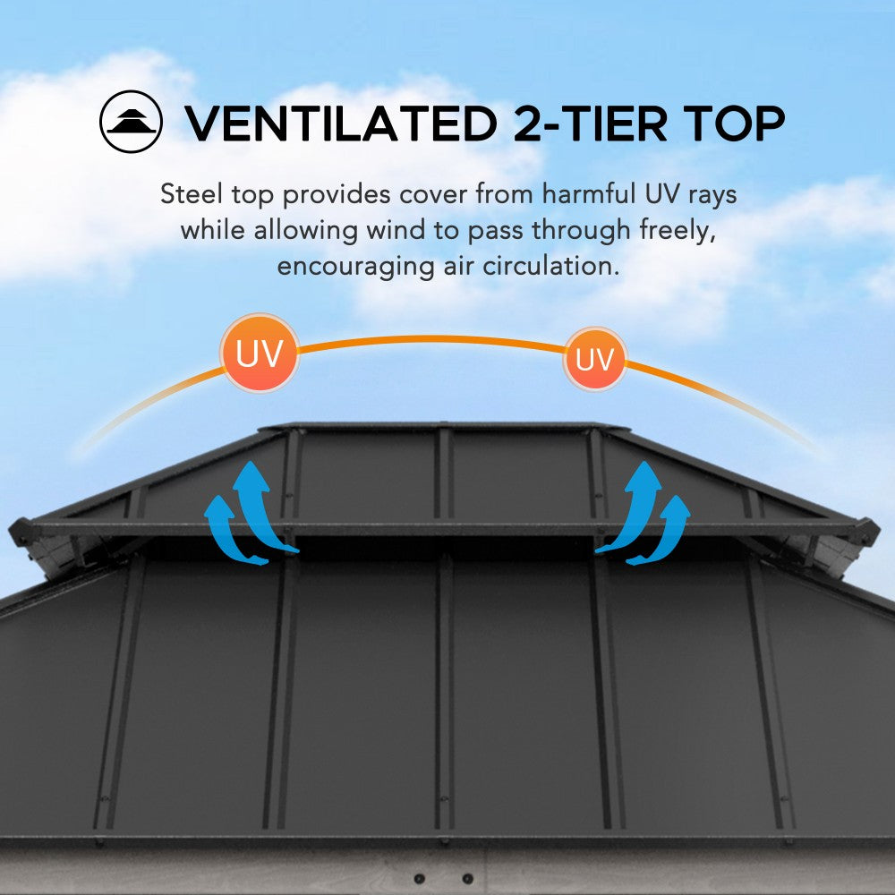 SUNJOY 10x12 ft. Wood Gazebo, Outdoor Patio Steel Hardtop Gazebo, Cedar Framed Wooden Gazebo with 2-tier Metal Roof and Ceiling Hook