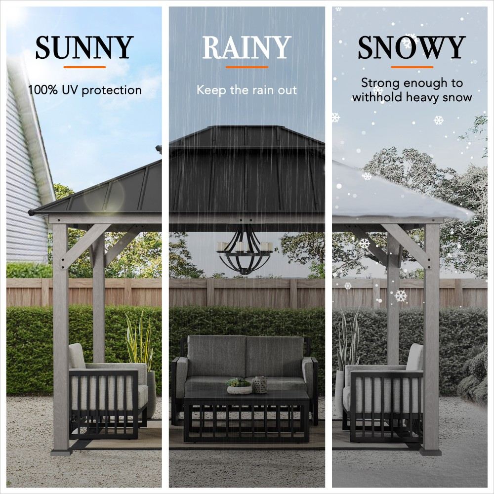 SUNJOY 10x12 ft. Wood Gazebo, Outdoor Patio Steel Hardtop Gazebo, Cedar Framed Wooden Gazebo with 2-tier Metal Roof and Ceiling Hook