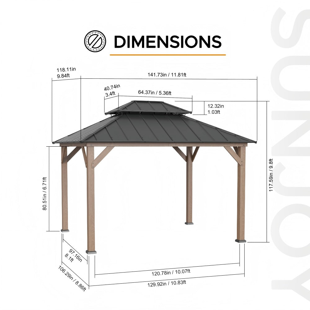 SUNJOY 10x12 ft. Wood Gazebo, Outdoor Patio Steel Hardtop Gazebo, Cedar Framed Wooden Gazebo with 2-tier Metal Roof and Ceiling Hook