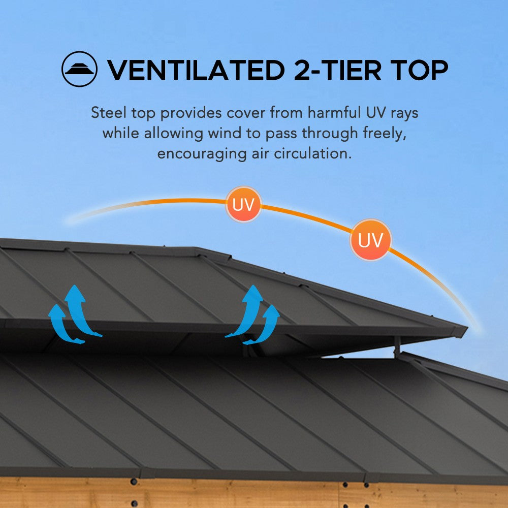 SUNJOY 12x20 Hardtop Gazebo Patio Wooden Frame Outdoor Gazebo, Rectangle Double Tiered Metal Hardtop Gazebo with Dual Rails and Ceiling Hook