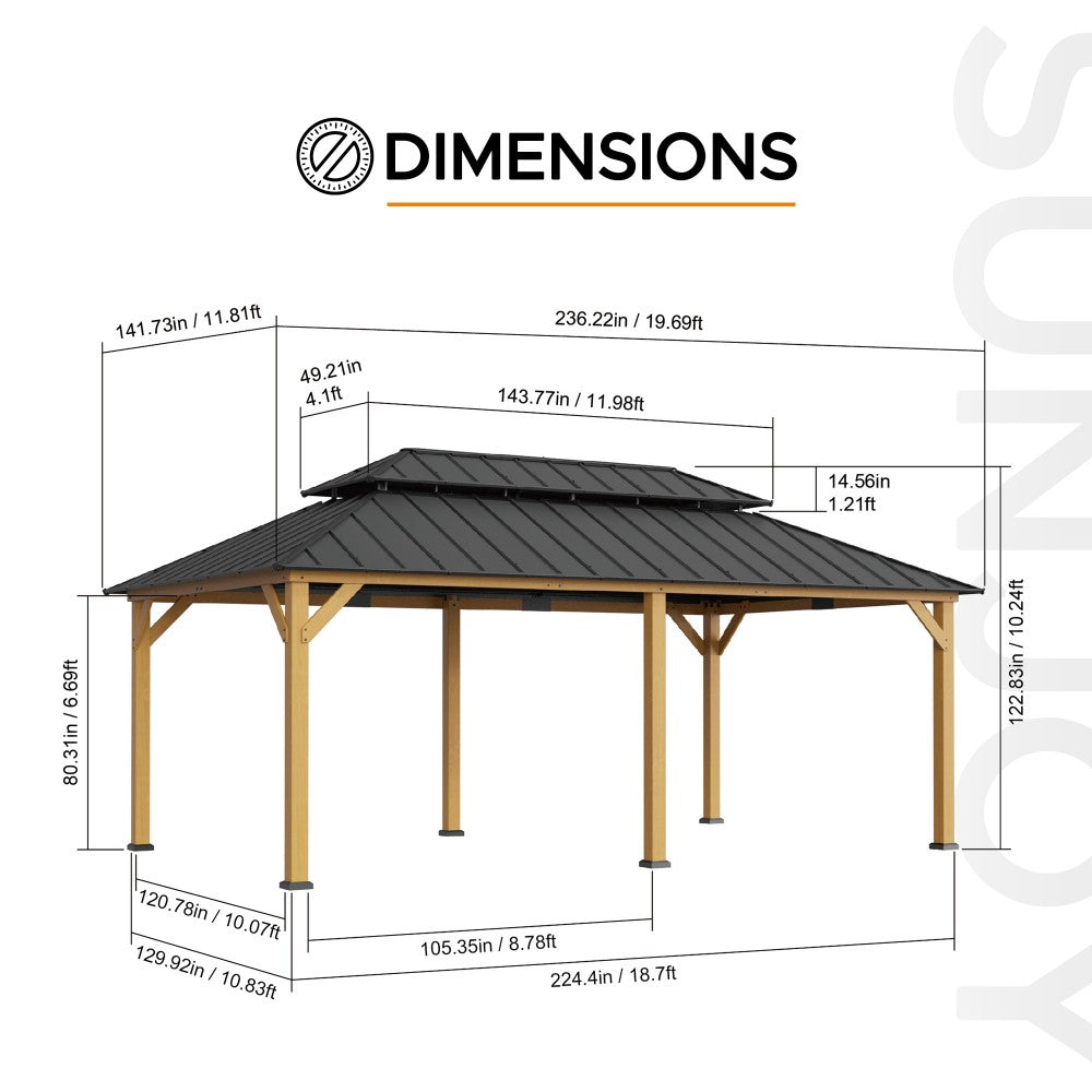 SUNJOY 12x20 Hardtop Gazebo Patio Wooden Frame Outdoor Gazebo, Rectangle Double Tiered Metal Hardtop Gazebo with Dual Rails and Ceiling Hook
