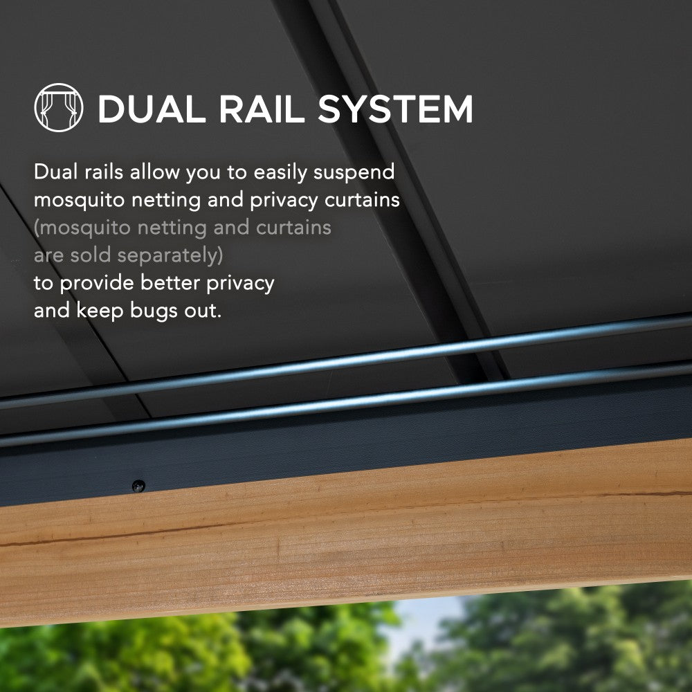 SUNJOY 12x20 Hardtop Gazebo Patio Wooden Frame Outdoor Gazebo, Rectangle Double Tiered Metal Hardtop Gazebo with Dual Rails and Ceiling Hook