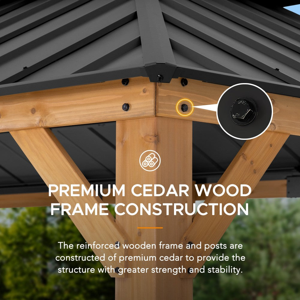 SUNJOY 12x20 Hardtop Gazebo Patio Wooden Frame Outdoor Gazebo, Rectangle Double Tiered Metal Hardtop Gazebo with Dual Rails and Ceiling Hook