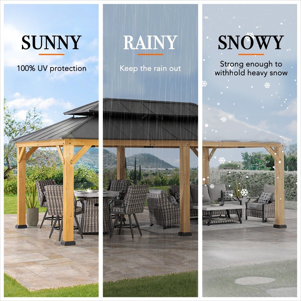 SUNJOY 12x20 Hardtop Gazebo Patio Wooden Frame Outdoor Gazebo, Rectangle Double Tiered Metal Hardtop Gazebo with Dual Rails and Ceiling Hook