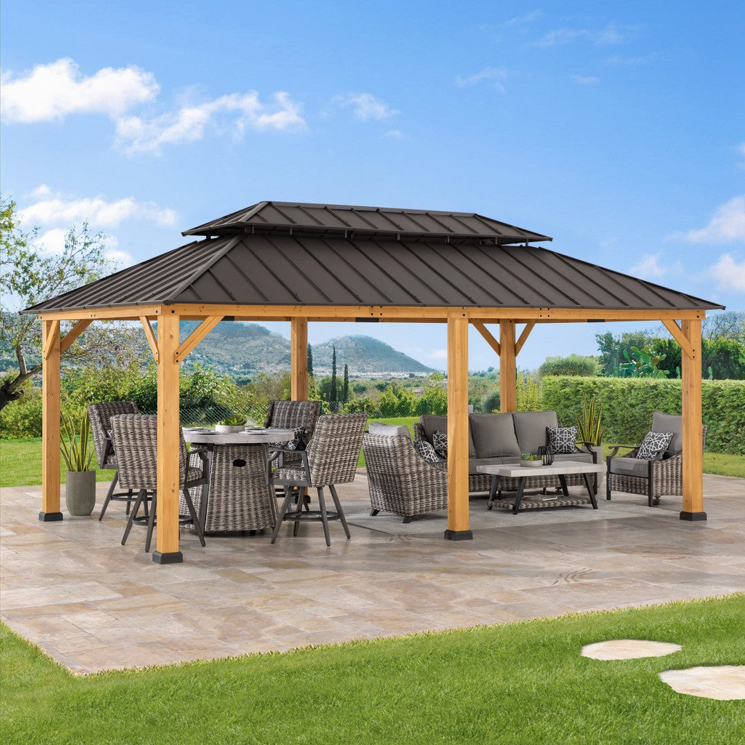 SUNJOY 12x20 Wooden Frame Hardtop Gazebo with Rectangle Double Tier and Ceiling Hook - Standard Natural Cedar