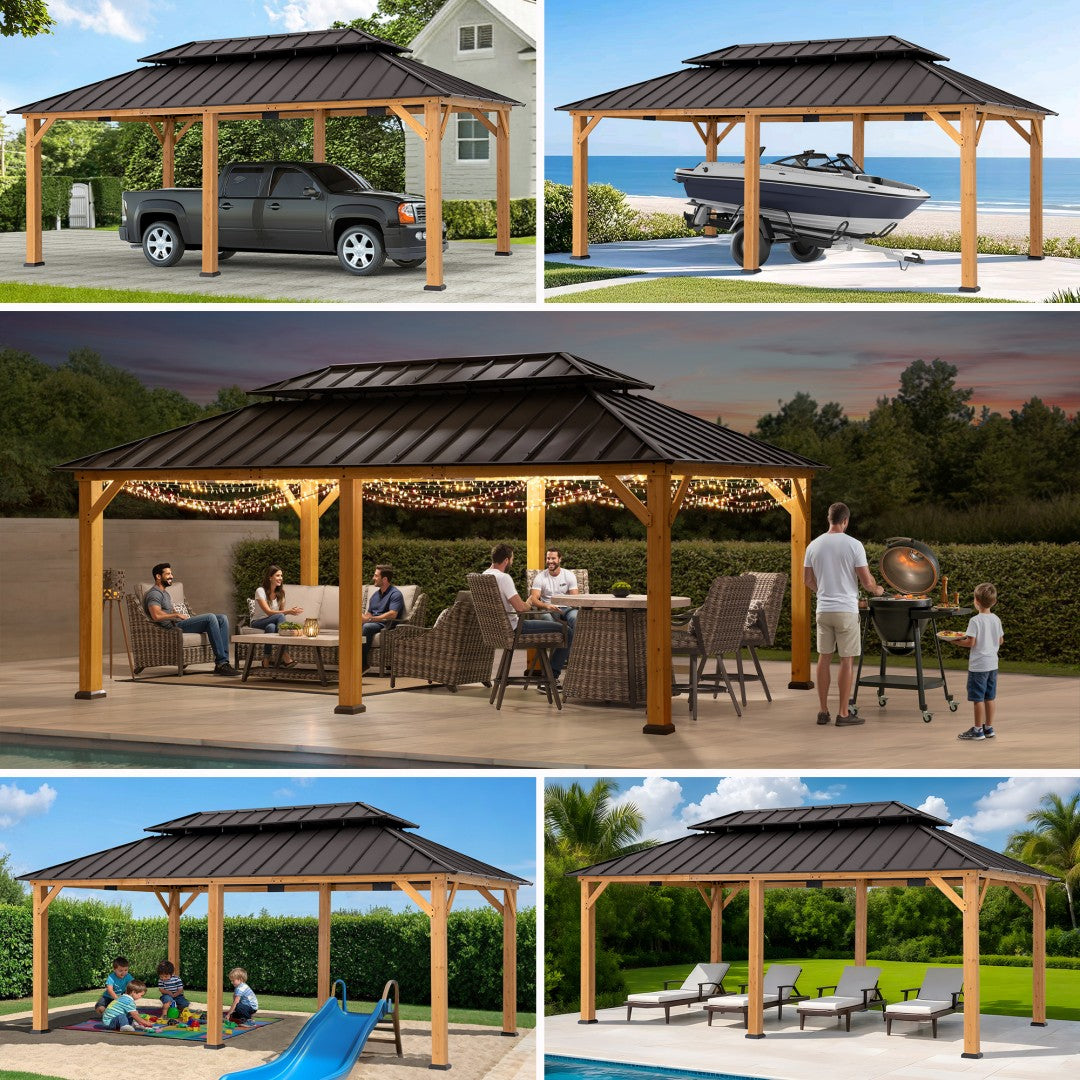 SUNJOY 12x20 Wooden Frame Hardtop Gazebo with Rectangle Double Tier and Ceiling Hook - Standard Natural Cedar