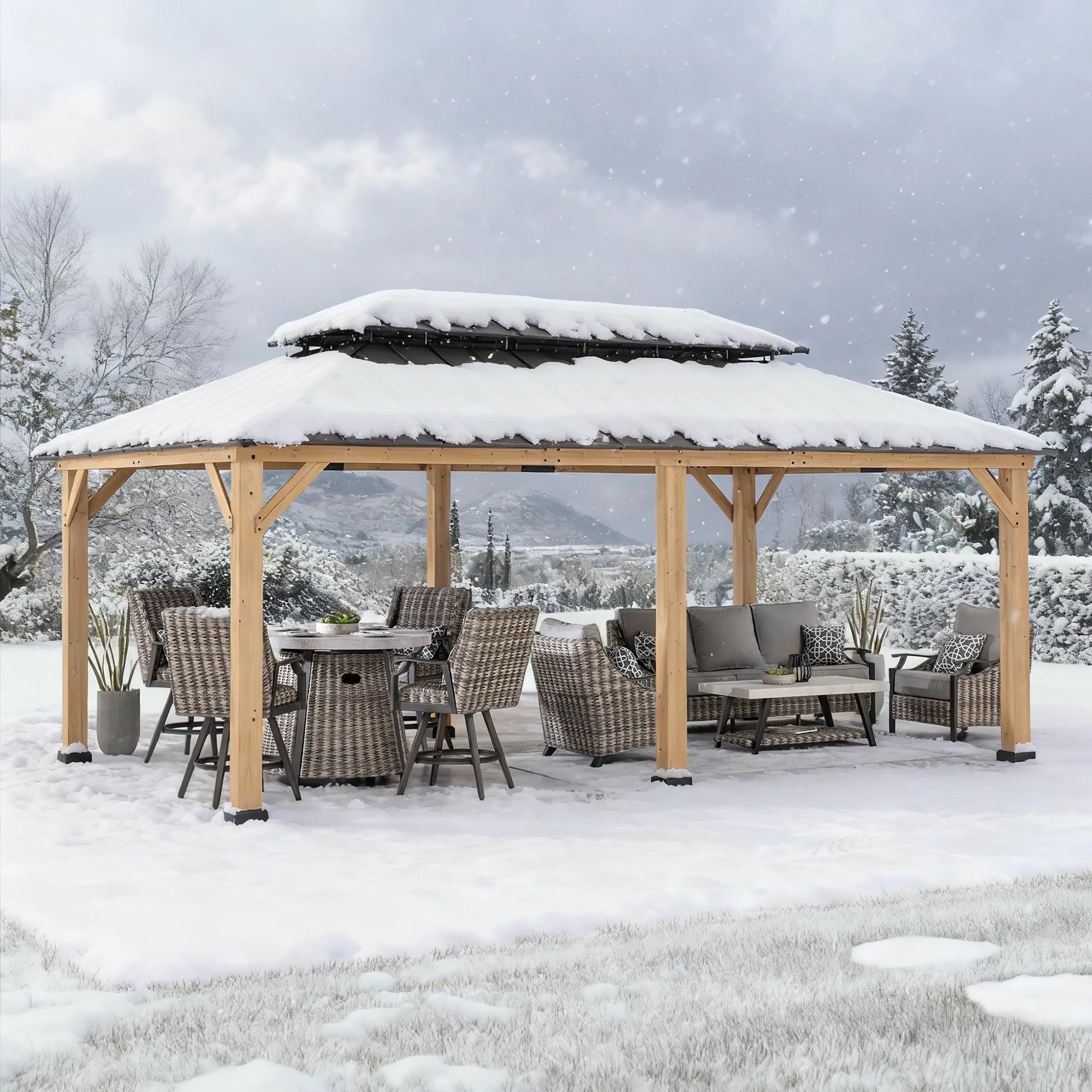 SUNJOY 12x20 Wooden Frame Hardtop Gazebo with Rectangle Double Tier and Ceiling Hook - Standard Natural Cedar