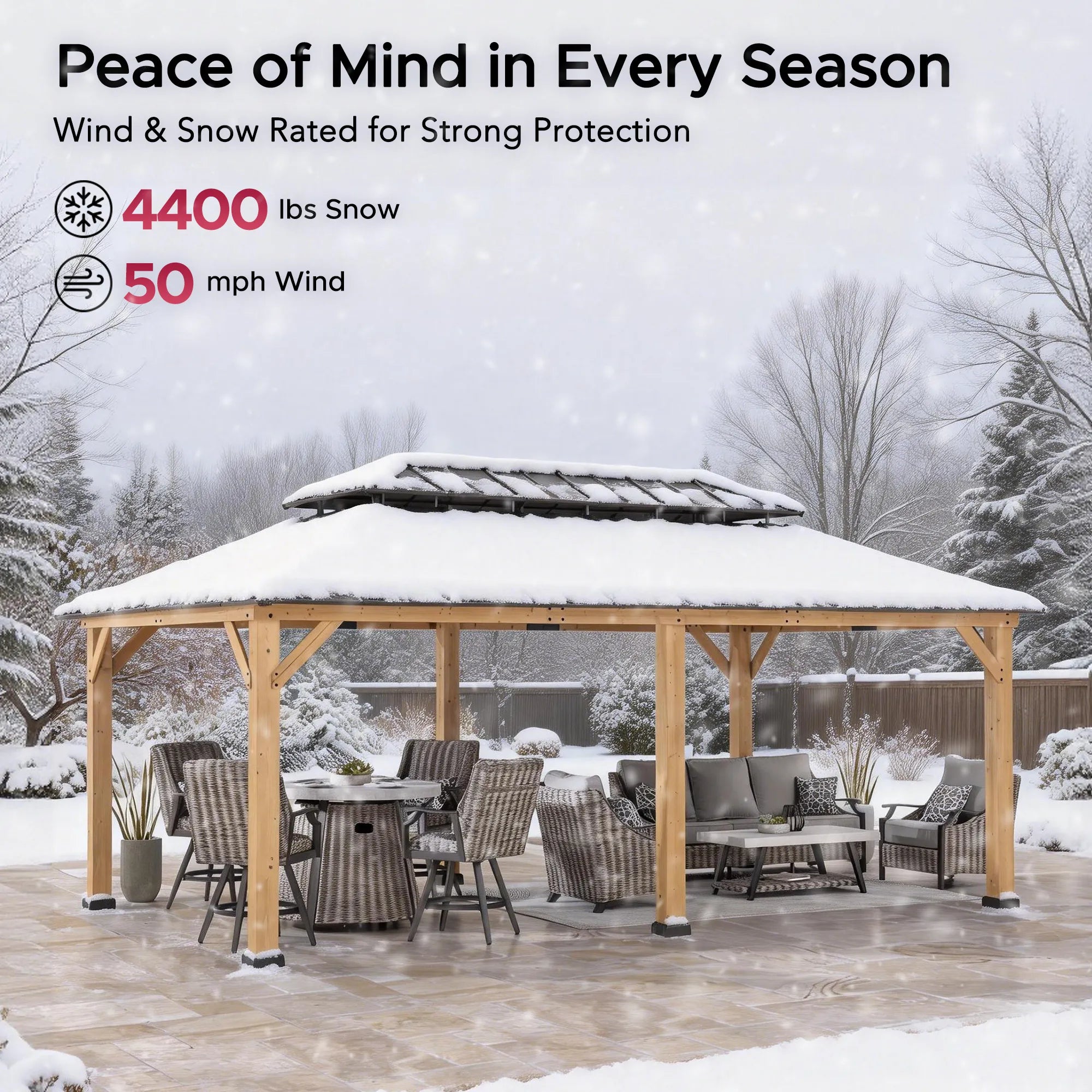 SUNJOY 12x20 Wooden Frame Hardtop Gazebo with Rectangle Double Tier and Ceiling Hook - Standard Natural Cedar