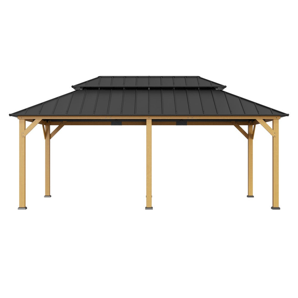 SUNJOY 12x20 Wooden Frame Hardtop Gazebo with Rectangle Double Tier and Ceiling Hook - Standard Natural Cedar
