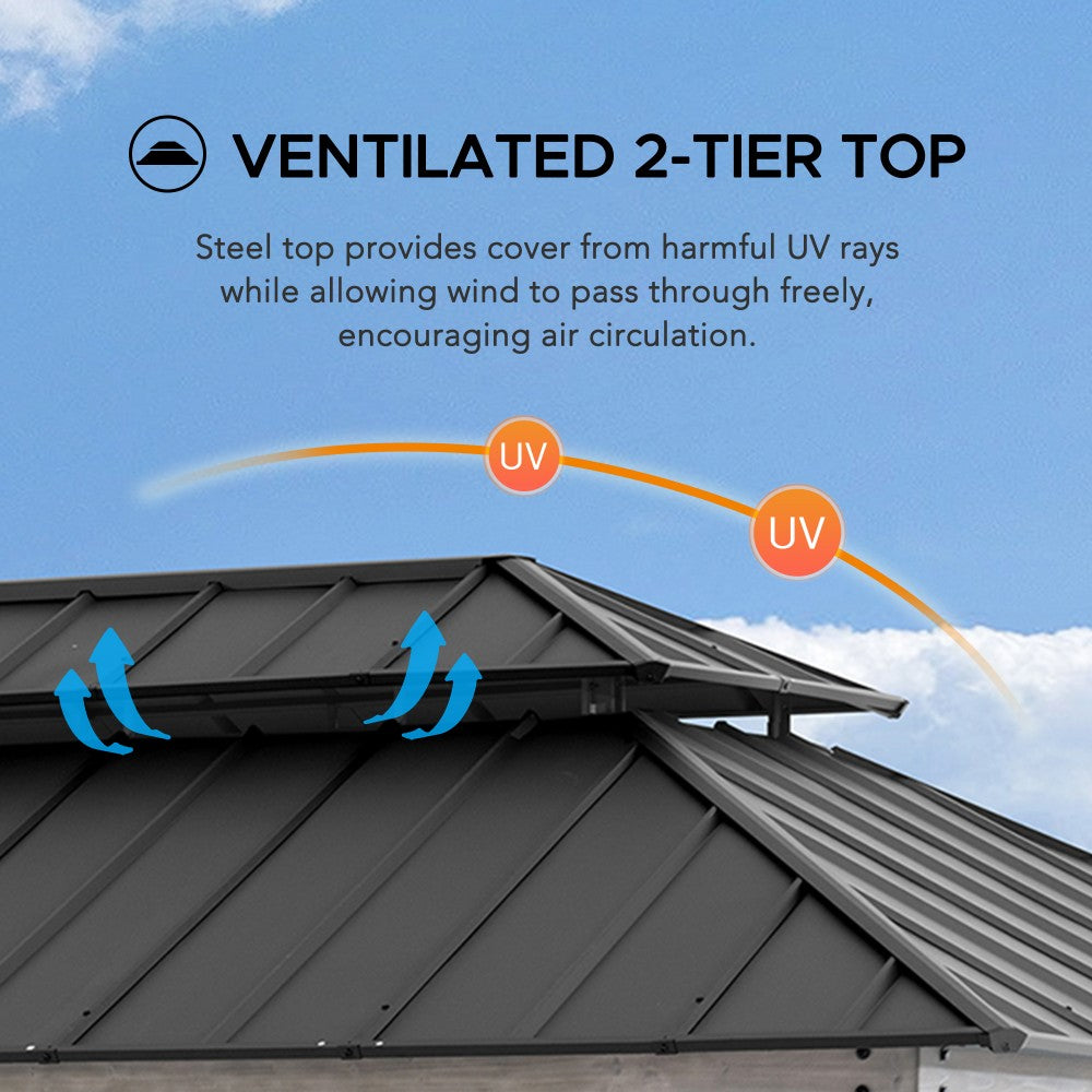 SUNJOY 12x20 Hardtop Gazebo Patio Wooden Frame Outdoor Gazebo, Rectangle Double Tiered Metal Hardtop Gazebo with Dual Rails and Ceiling Hook