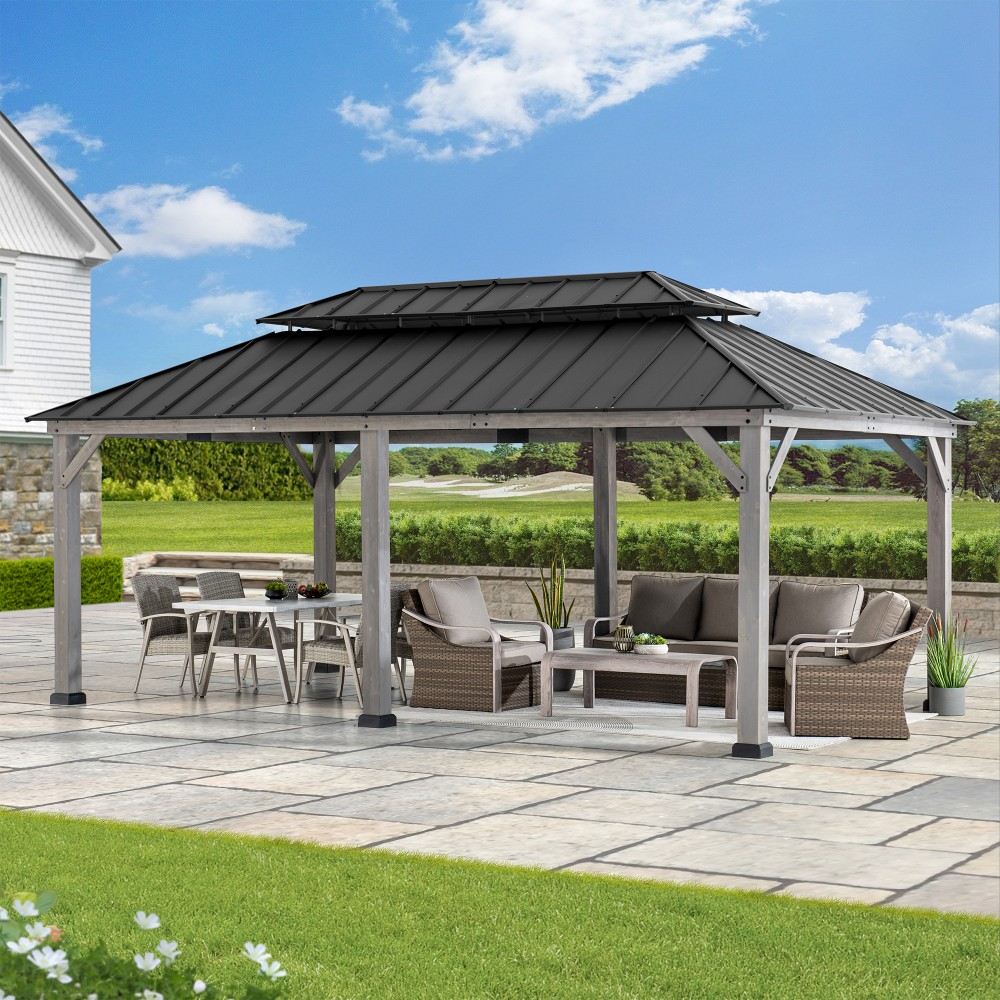 SUNJOY 12x20 Hardtop Gazebo Patio Wooden Frame Outdoor Gazebo, Rectangle Double Tiered Metal Hardtop Gazebo with Dual Rails and Ceiling Hook