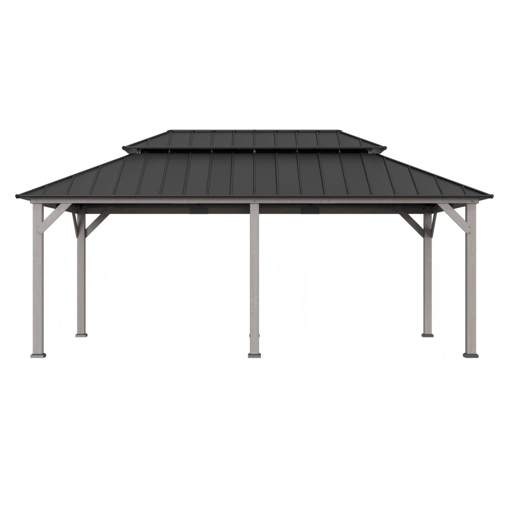 SUNJOY 12x20 Hardtop Gazebo Patio Wooden Frame Outdoor Gazebo, Rectangle Double Tiered Metal Hardtop Gazebo with Dual Rails and Ceiling Hook