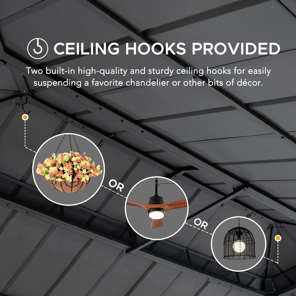 SUNJOY 12x20 Hardtop Gazebo Patio Wooden Frame Outdoor Gazebo, Rectangle Double Tiered Metal Hardtop Gazebo with Dual Rails and Ceiling Hook