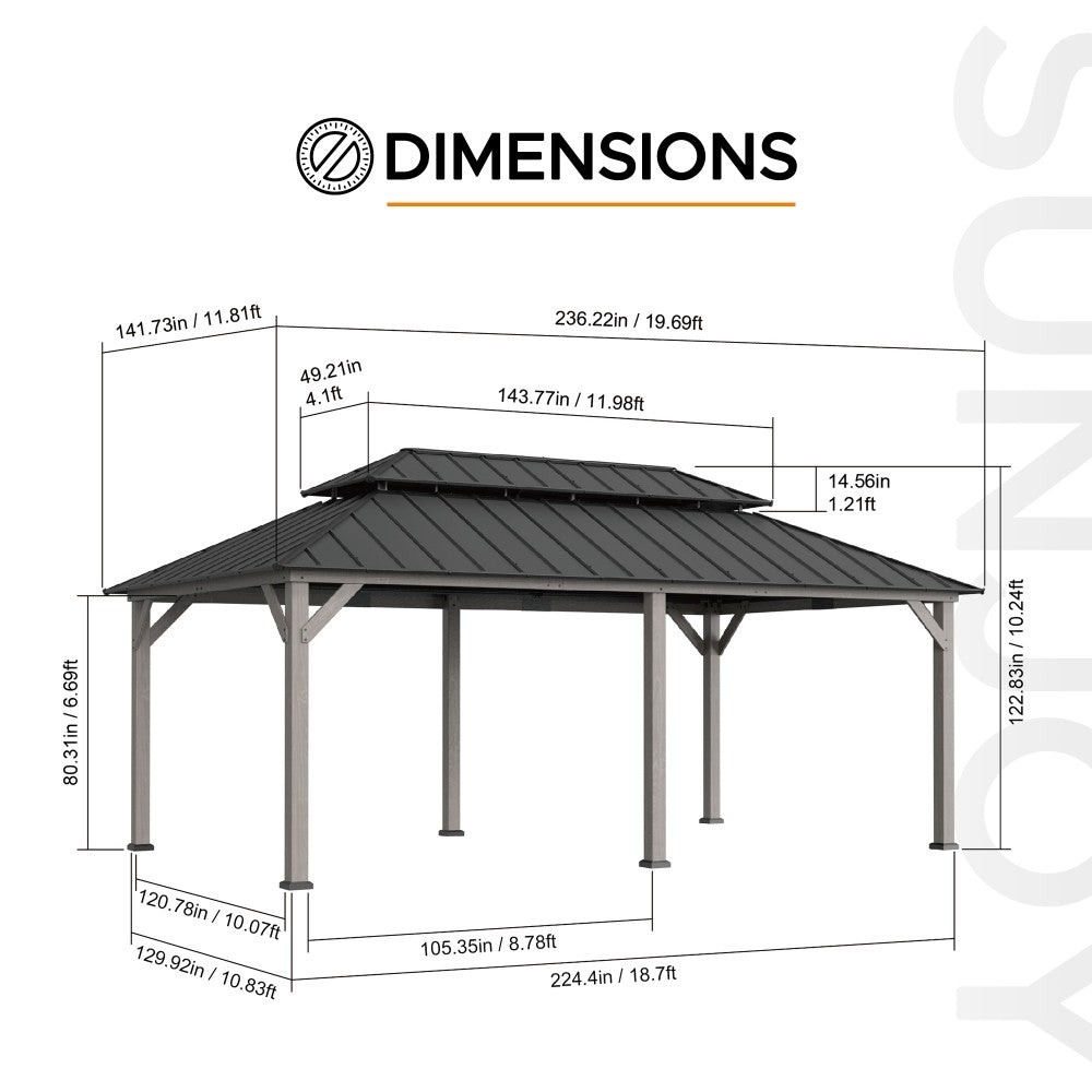 SUNJOY 12x20 Hardtop Gazebo Patio Wooden Frame Outdoor Gazebo, Rectangle Double Tiered Metal Hardtop Gazebo with Dual Rails and Ceiling Hook